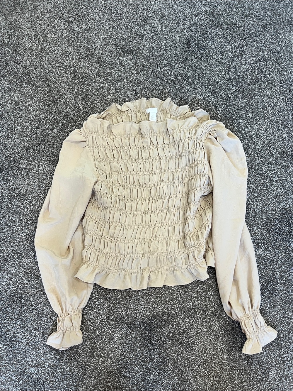 H&M Beige Smocked Ruffle Long-Sleeve Blouse